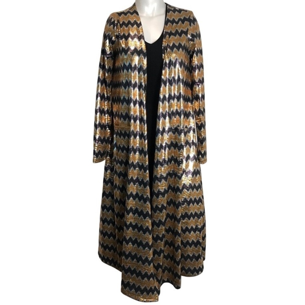 LULAROE METALLIC GOLD &‎ BLUE ZIG ZAG LONG CARDIGAN